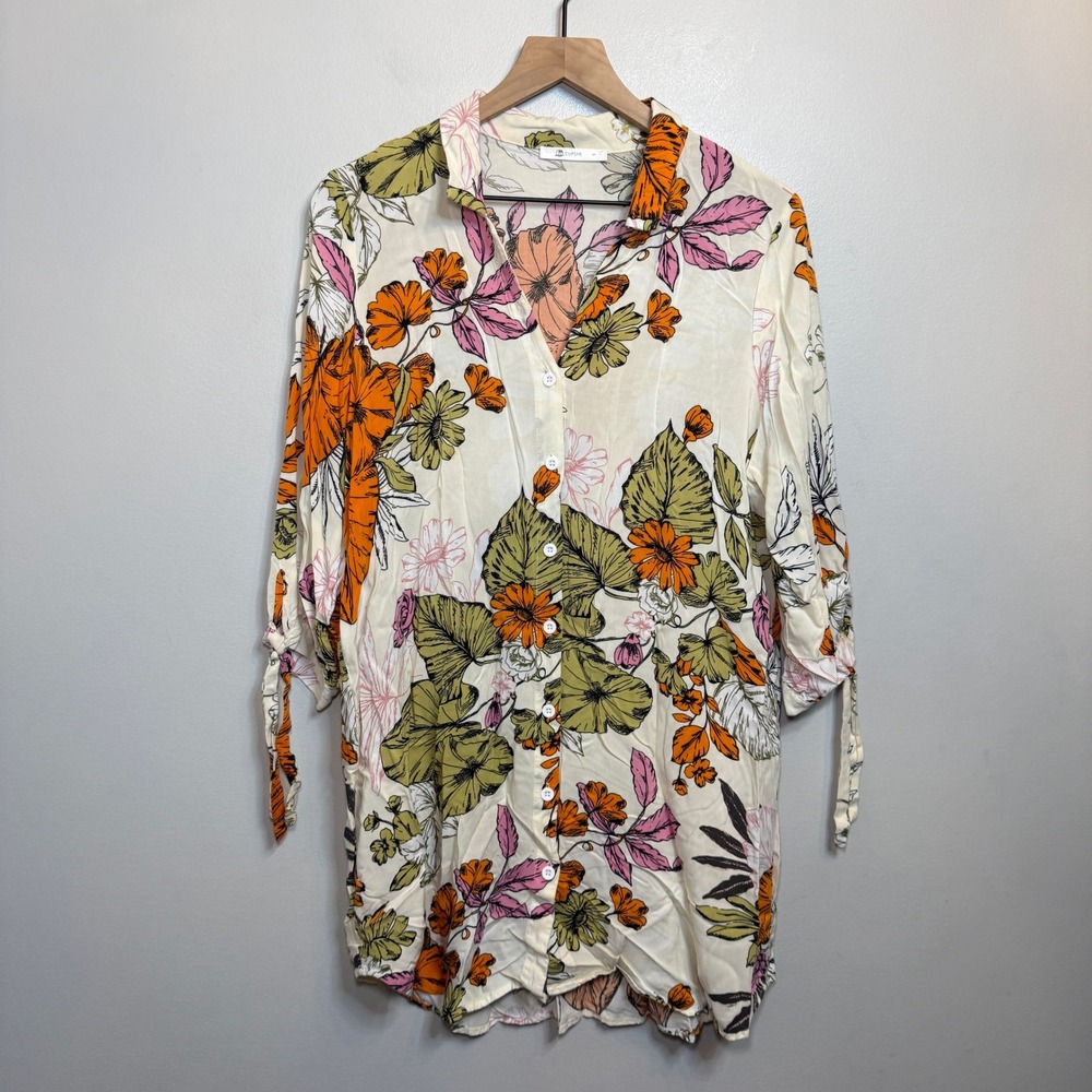 Cupshe Women's Tropical Floral Button Down Shirt Dress Tie Sleeve Cream Small